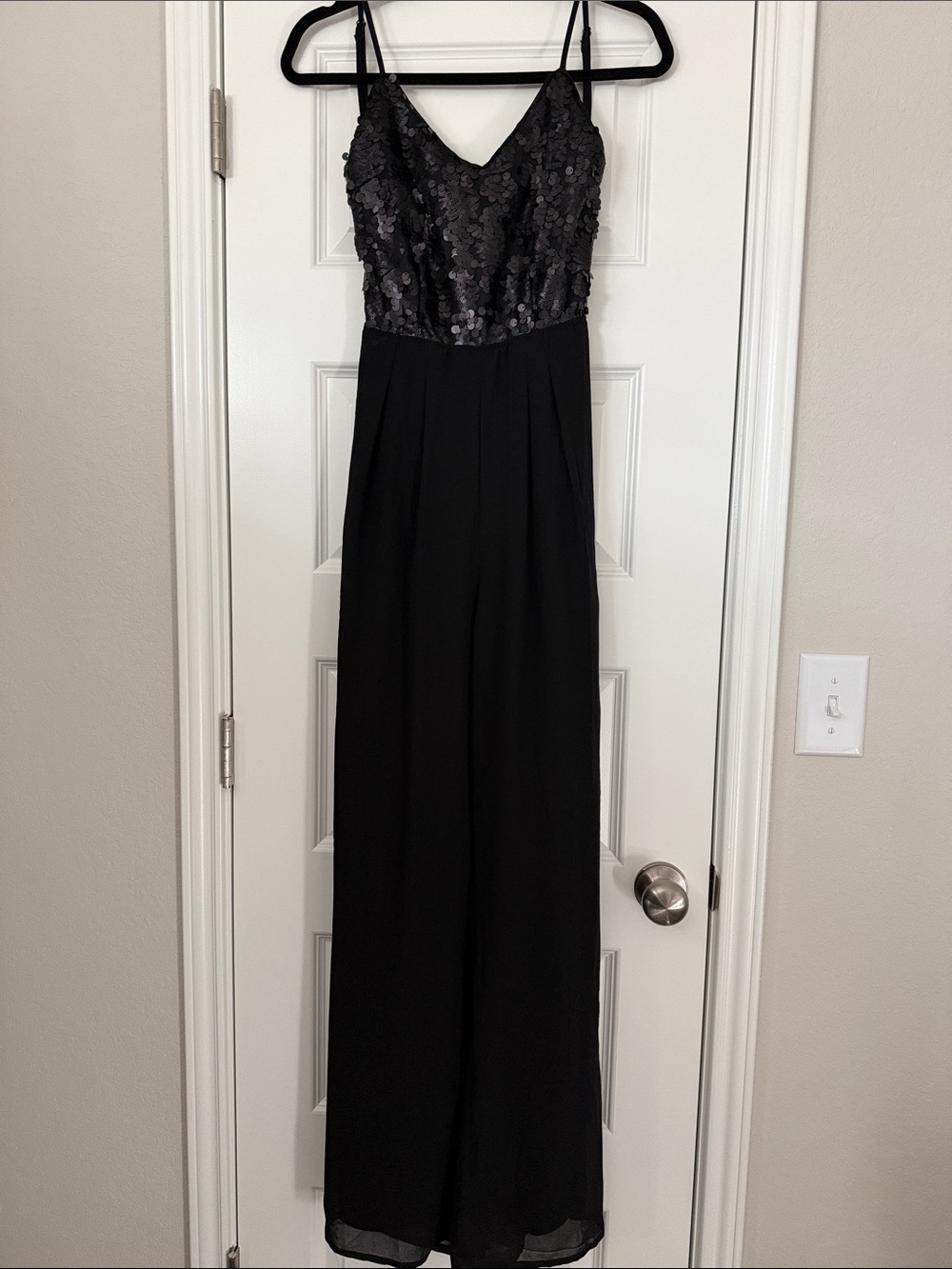 Black Sequin Bodice Spaghetti-Strap Evening Jumpsuit
